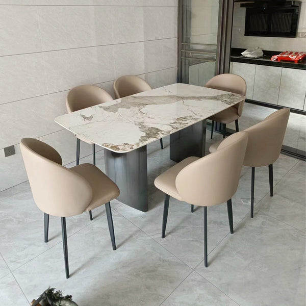 Italian-style Light Luxury Glossy Rock Table ,Nordic Luxury Stone Rectangular Dining Table , with Stainless Steel Designer Dining Table Chair Set